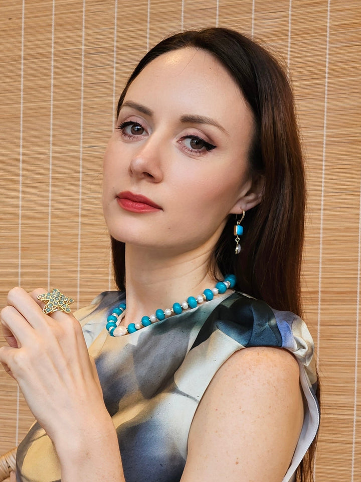 Blue Turquoise With Teardrop Moonstone Dangle Comfortable Earrings PE015