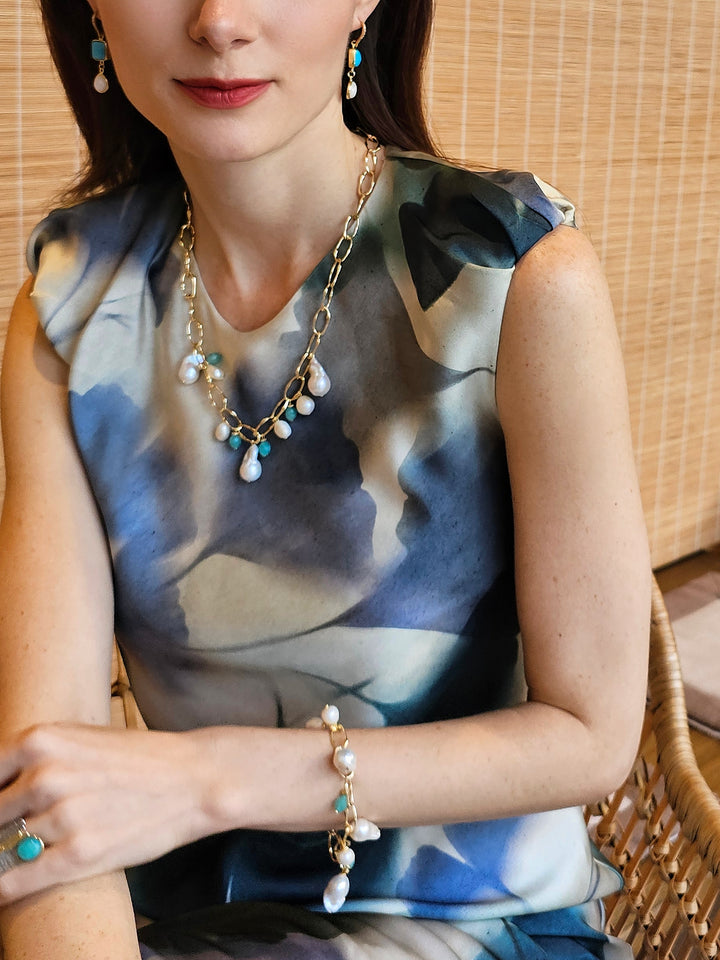 Baroque Pearls With Amazonite Charm Chain Necklace PN019