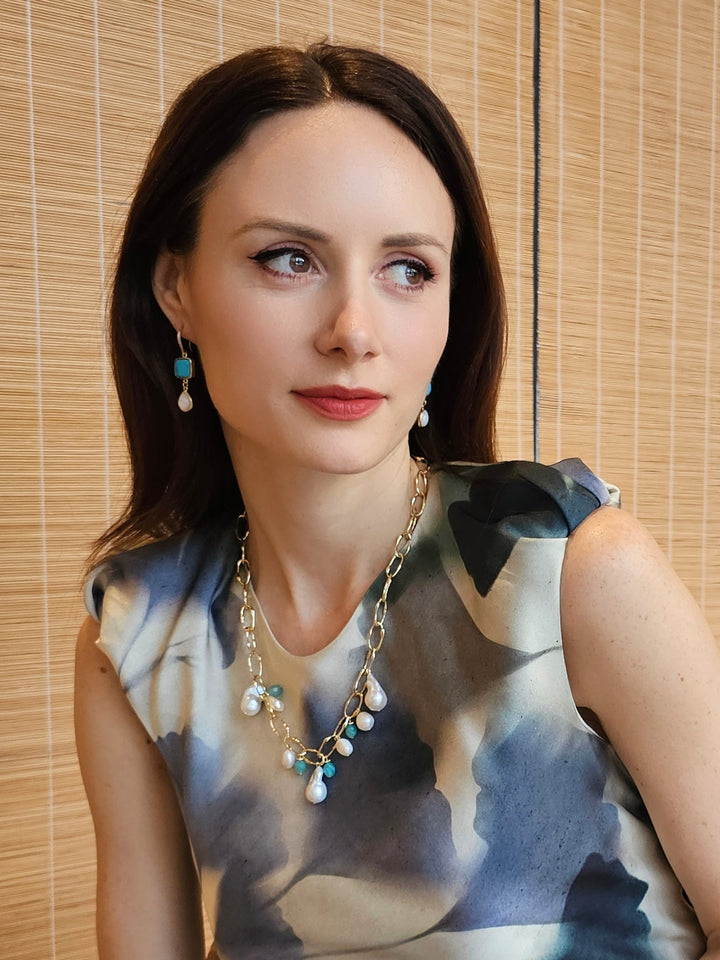 Baroque Pearls With Amazonite Charm Chain Necklace PN019