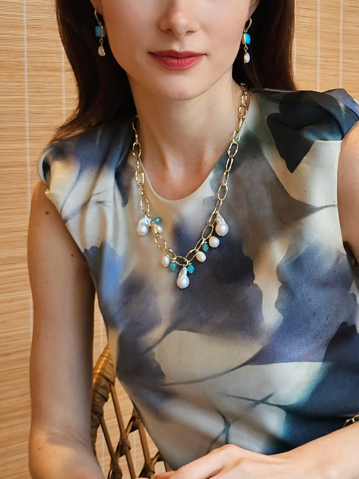 Baroque Pearls With Amazonite Charm Chain Necklace PN019