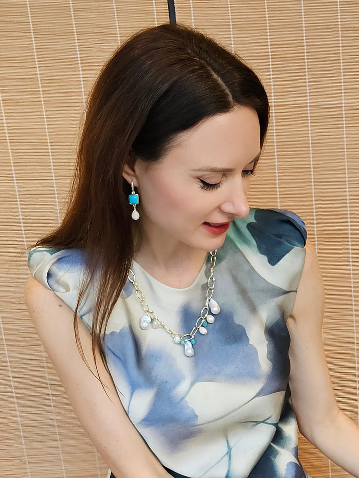 Blue Turquoise With Teardrop Moonstone Dangle Comfortable Earrings PE015