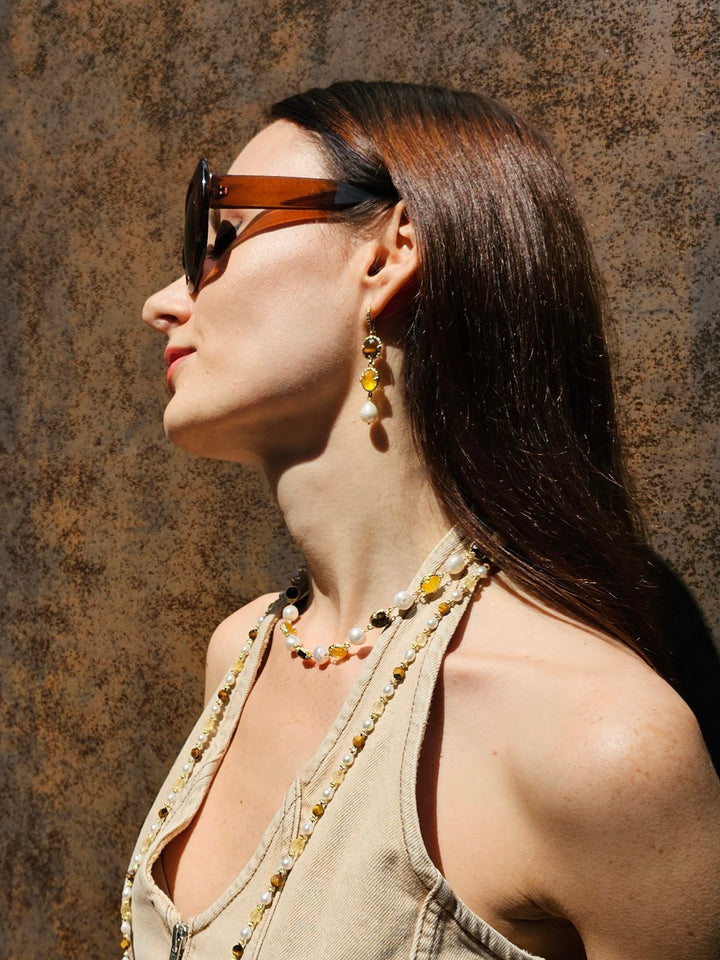 Tiger Eye And Yellow Quartz Dangle Earrings PE041