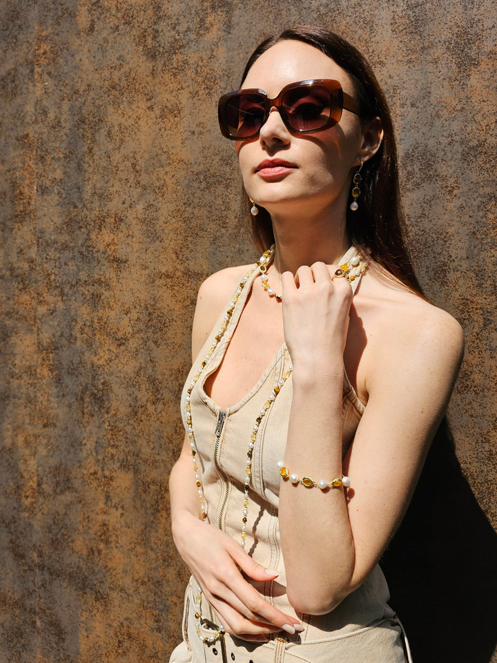 Yellow Quartz And Brown Tiger-eye With Freshwater Pearl Bracelet PB022