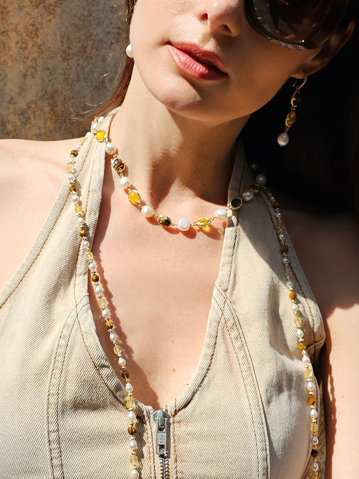 Irregular Freshwater Pearls With Yellow Quartz And Tiger-eye Stone Necklace PN055