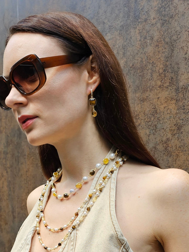 Tiger Eye With Citrine Dangle Comfort Earrings PE040