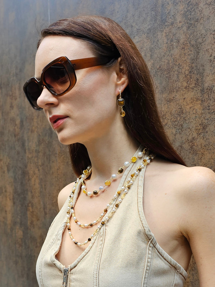 Irregular Freshwater Pearls With Yellow Quartz And Tiger-eye Stone Necklace PN055