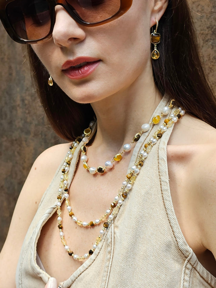Irregular Freshwater Pearls With Yellow Quartz And Tiger-eye Stone Necklace PN055