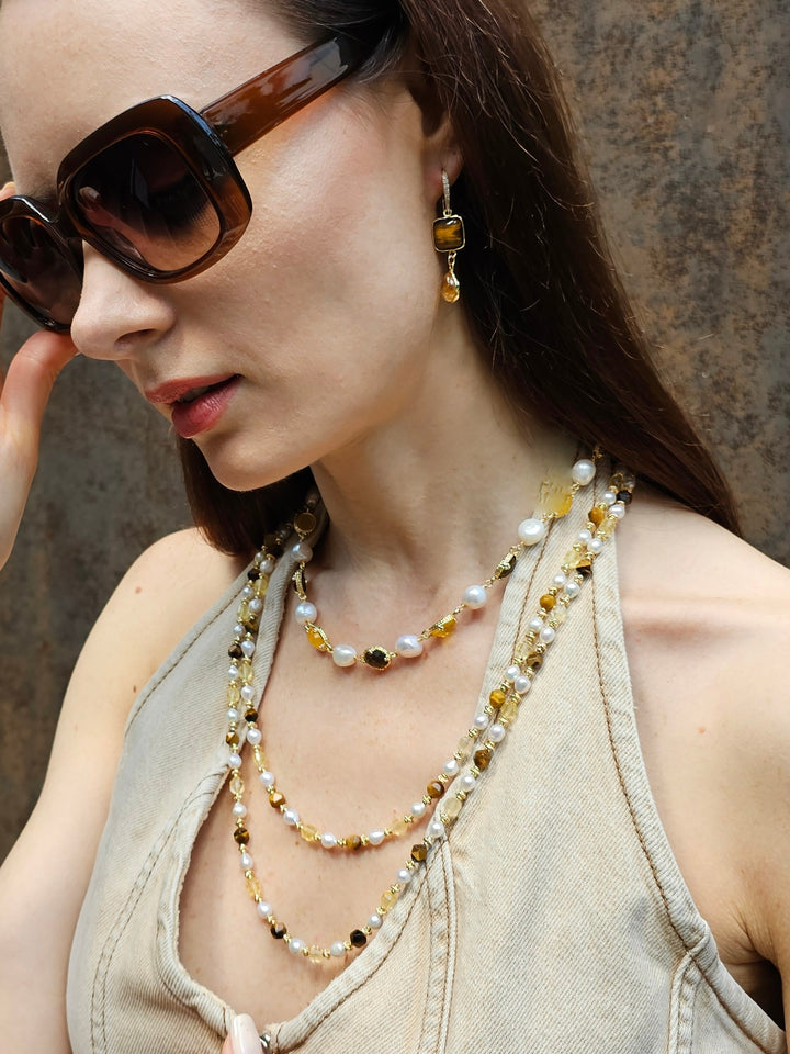 Brown Tiger-eye And Yellow Citrine With Freshwater Pearls Long Necklace PN058