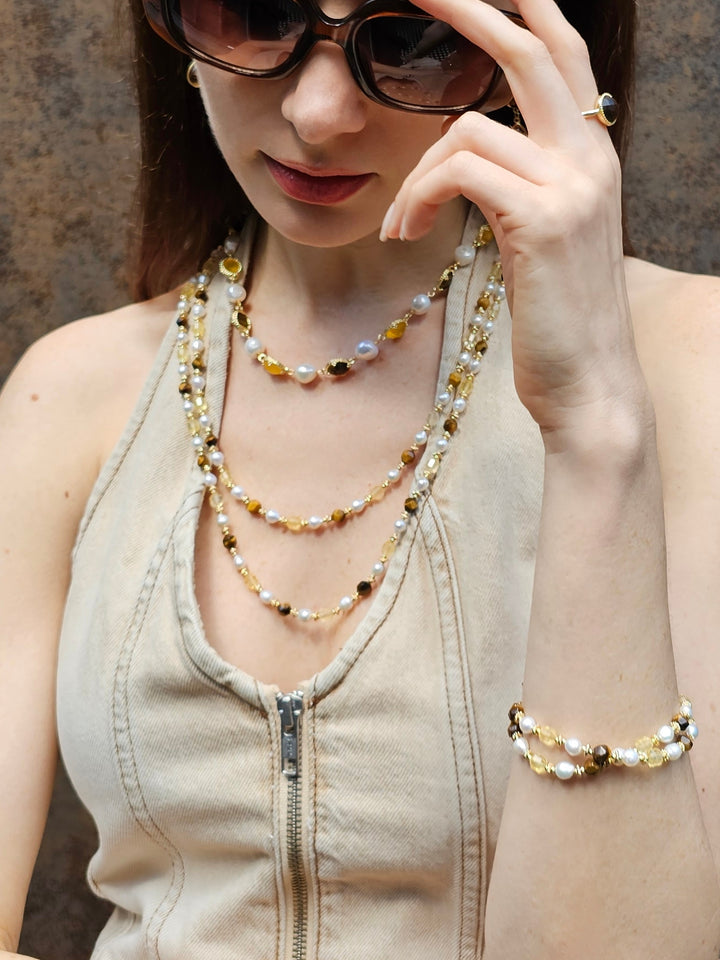 Citrine And Brown Tiger-eye With Freshwater Pearls Double Layers Bracelet PB023