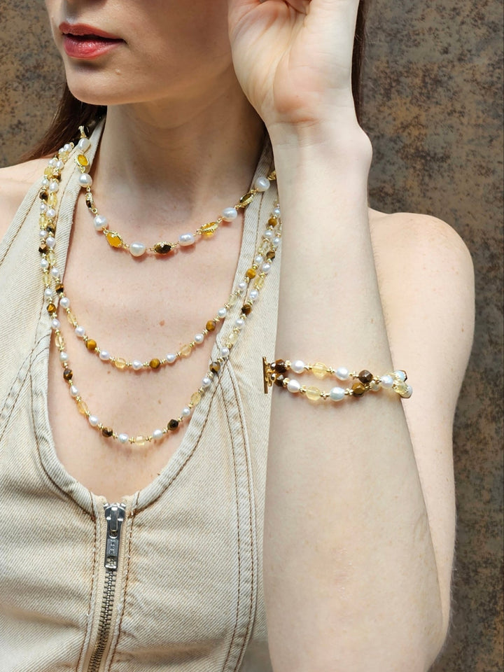 Citrine And Brown Tiger-eye With Freshwater Pearls Double Layers Bracelet PB023