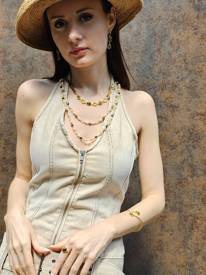 Brown Tiger-eye And Yellow Citrine With Freshwater Pearls Long Necklace PN058