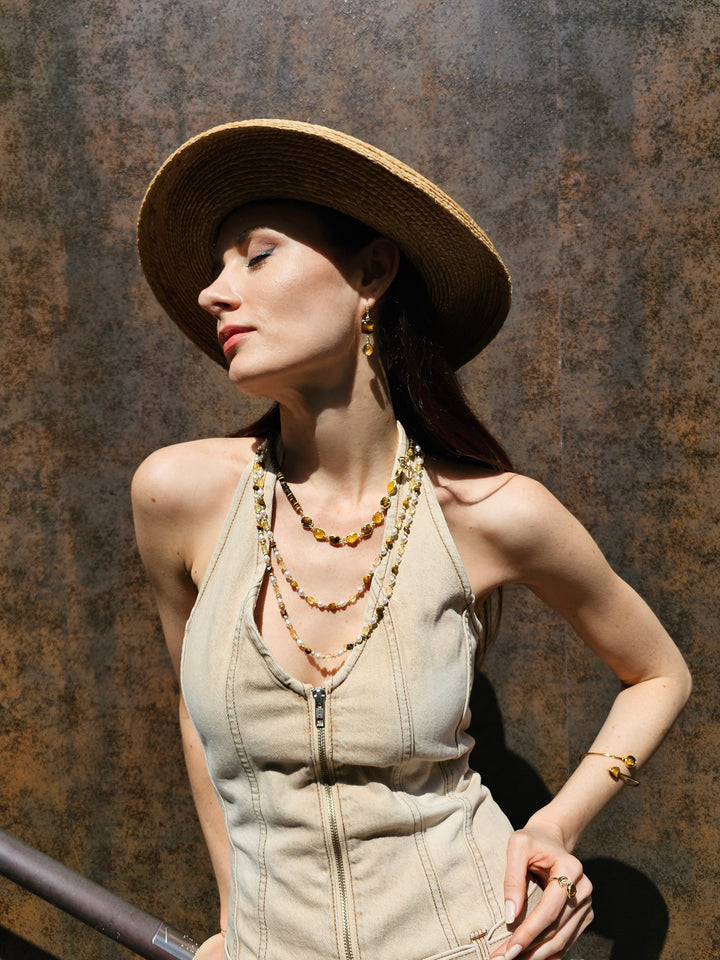 Brown Tiger-eye And Yellow Citrine With Freshwater Pearls Long Necklace PN058