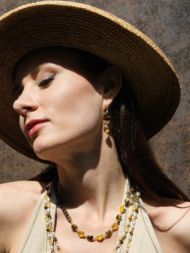 Tiger Eye With Citrine Dangle Comfort Earrings PE040
