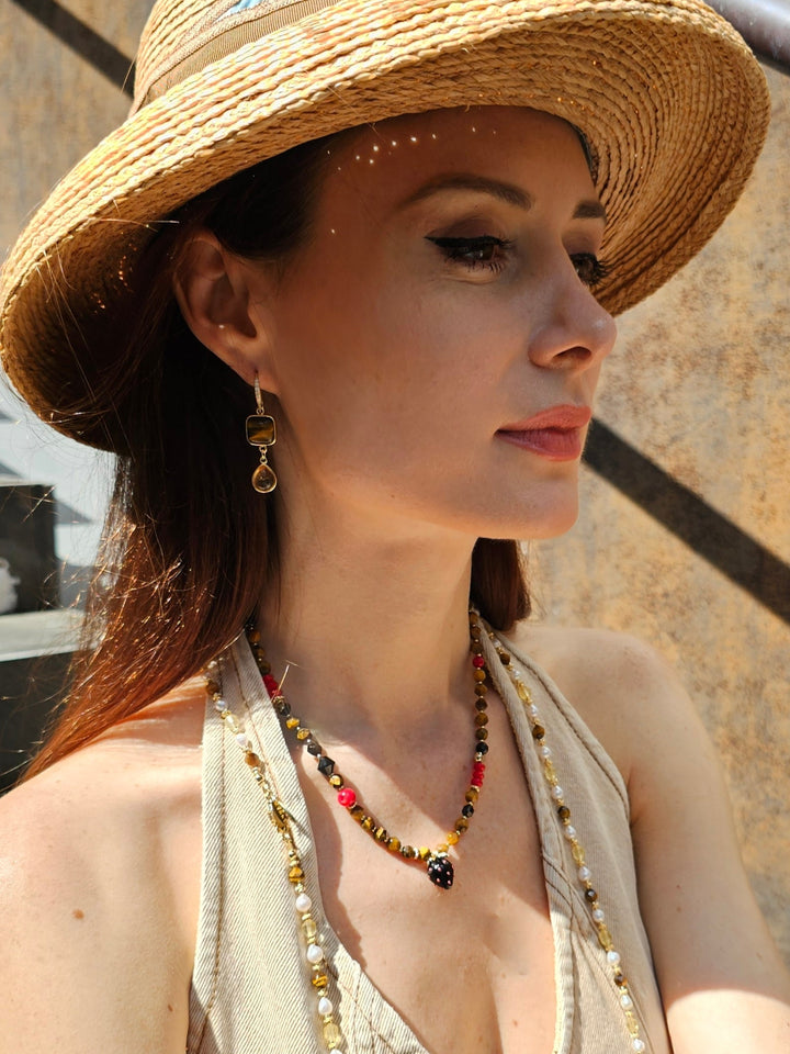 Tiger Eye With Citrine Dangle Comfort Earrings PE040