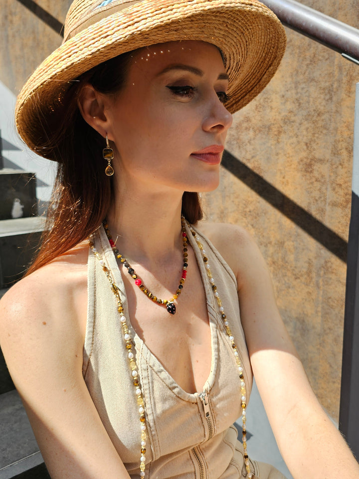 Tiger-eye With Bamboo Coral And Black Strawberry Pendant Necklace PN056