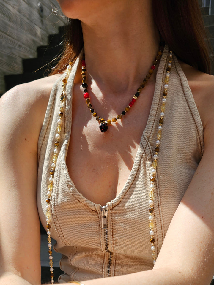 Tiger-eye With Bamboo Coral And Black Strawberry Pendant Necklace PN056