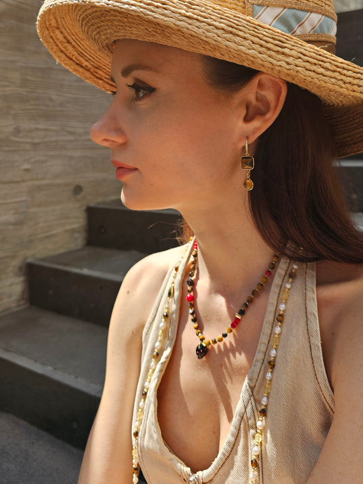 Tiger Eye With Citrine Dangle Comfort Earrings PE040