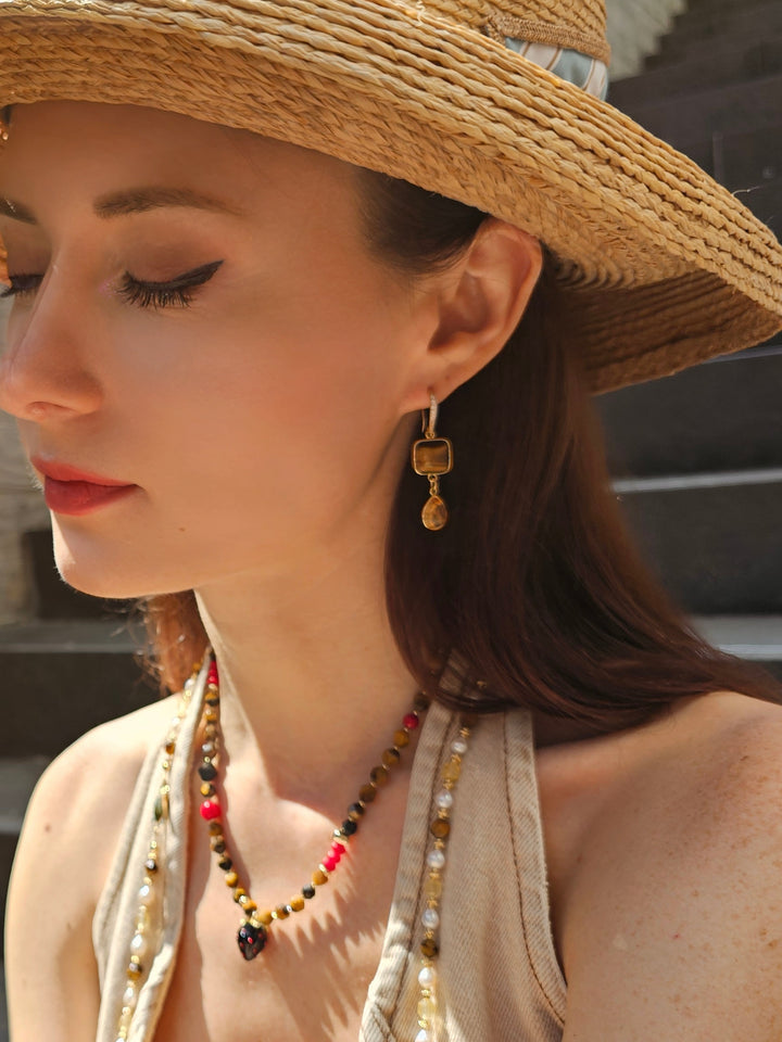 Tiger Eye With Citrine Dangle Comfort Earrings PE040