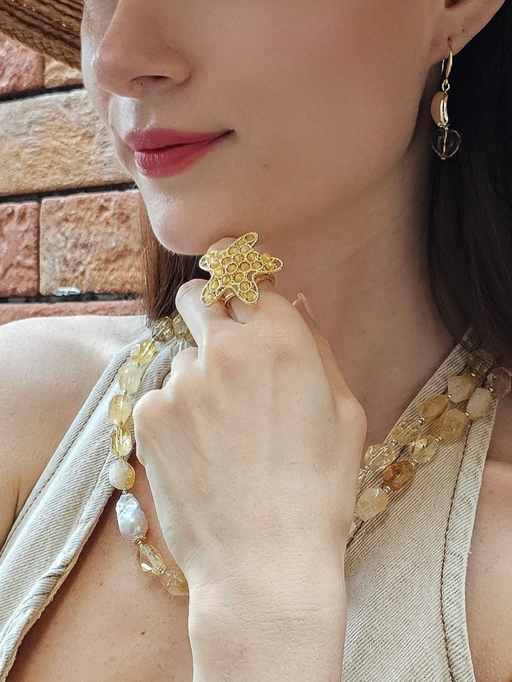 Yellow Agate Star Setting Statement Ring PR021