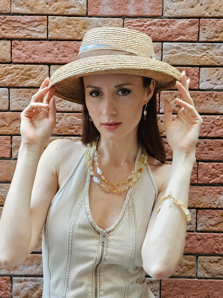 Faceted Citrine With Baroque Pearls Double Layers Necklace PN053