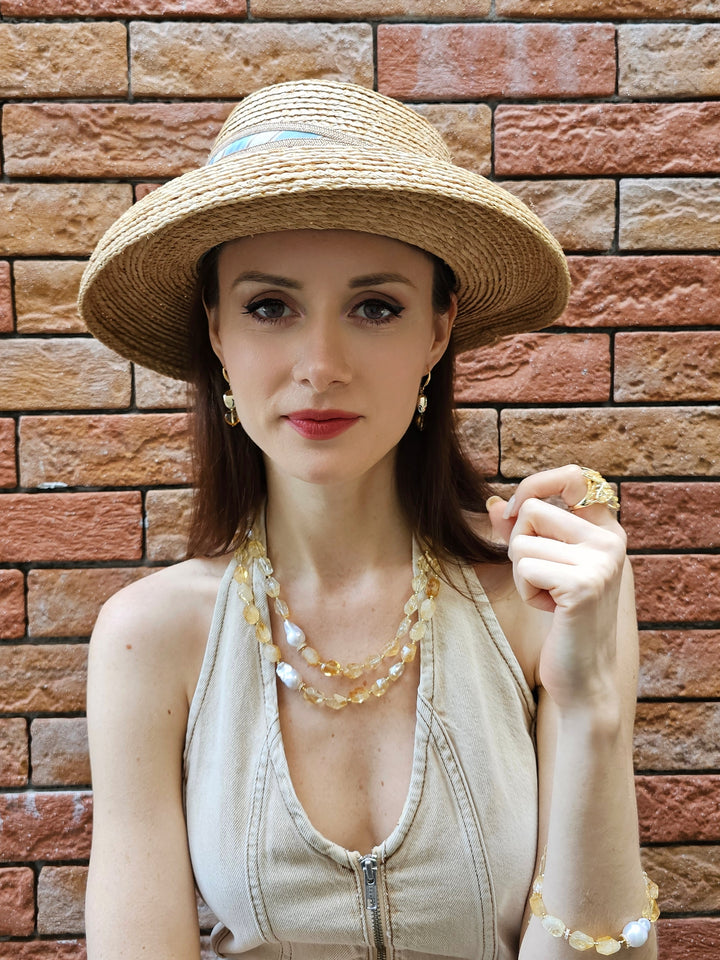 Faceted Citrine With Baroque Pearls Double Layers Necklace PN053