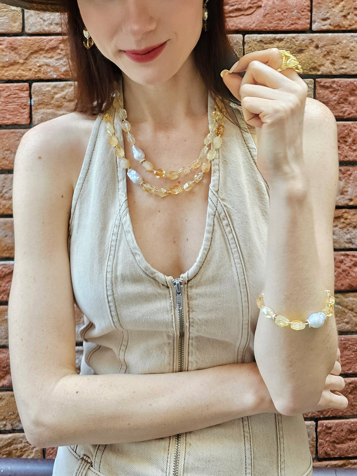 Faceted Citrine With Baroque Pearl Adjustable Bracelet PB024
