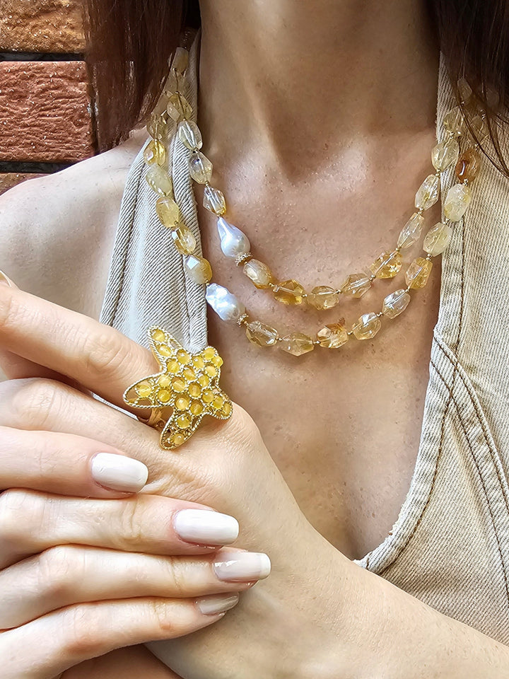Yellow Agate Star Setting Statement Ring PR021
