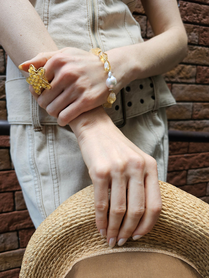 Faceted Citrine With Baroque Pearl Adjustable Bracelet PB024