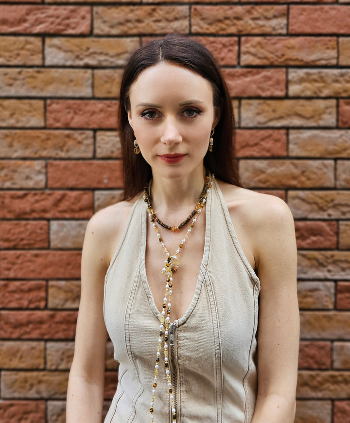 Brown Tiger-eye With Heart Shaped Citrine Short Necklace PN052