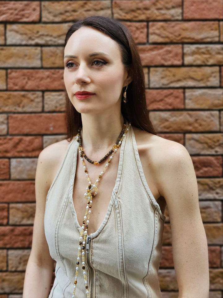 Brown Tiger-eye With Heart Shaped Citrine Short Necklace PN052