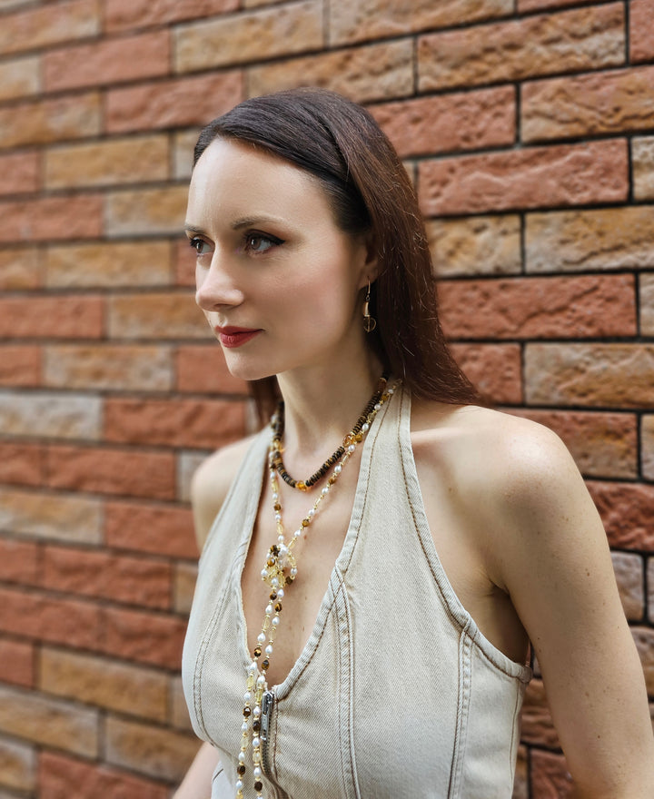 Brown Tiger-eye With Heart Shaped Citrine Short Necklace PN052