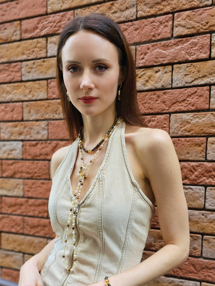 Brown Tiger-eye With Heart Shaped Citrine Short Necklace PN052