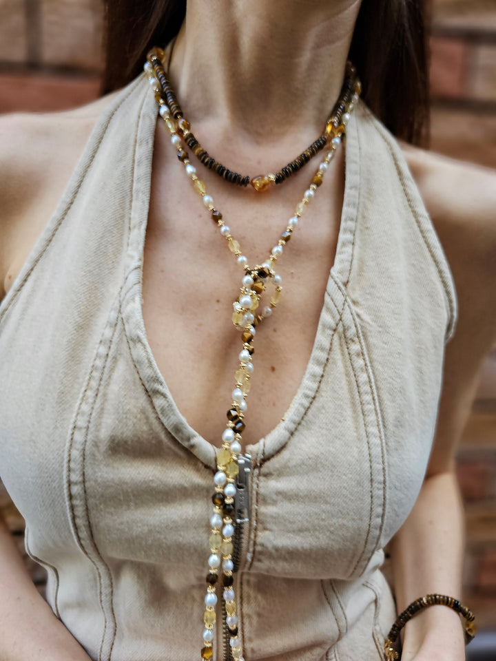 Brown Tiger-eye With Heart Shaped Citrine Short Necklace PN052
