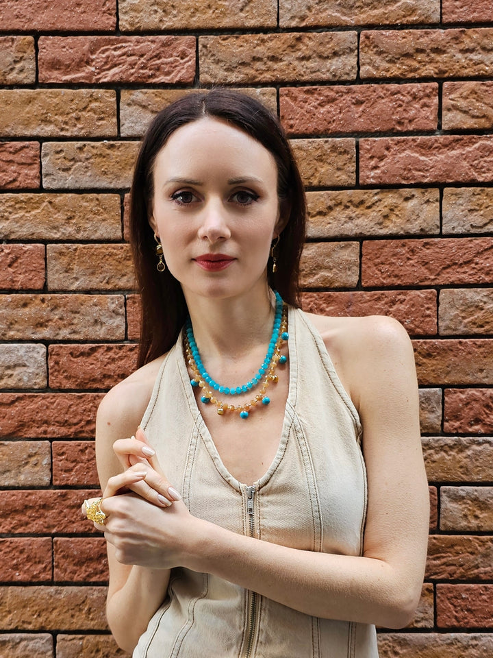 Green And Yellow Jade Double Layers Statement Necklace PN023