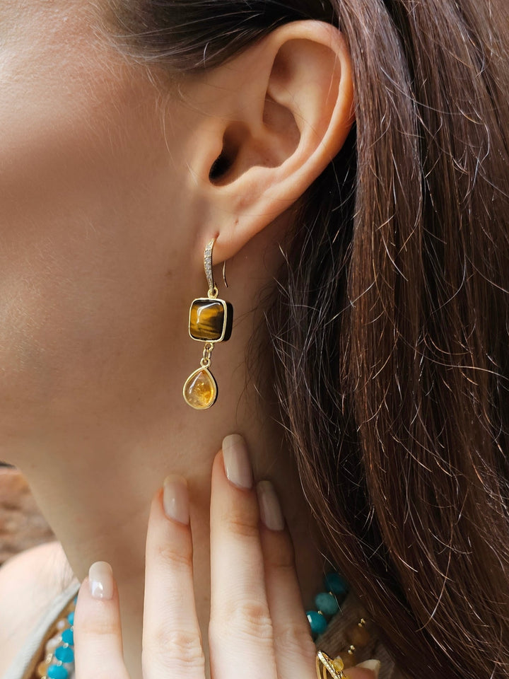 Tiger Eye With Citrine Dangle Comfort Earrings PE040