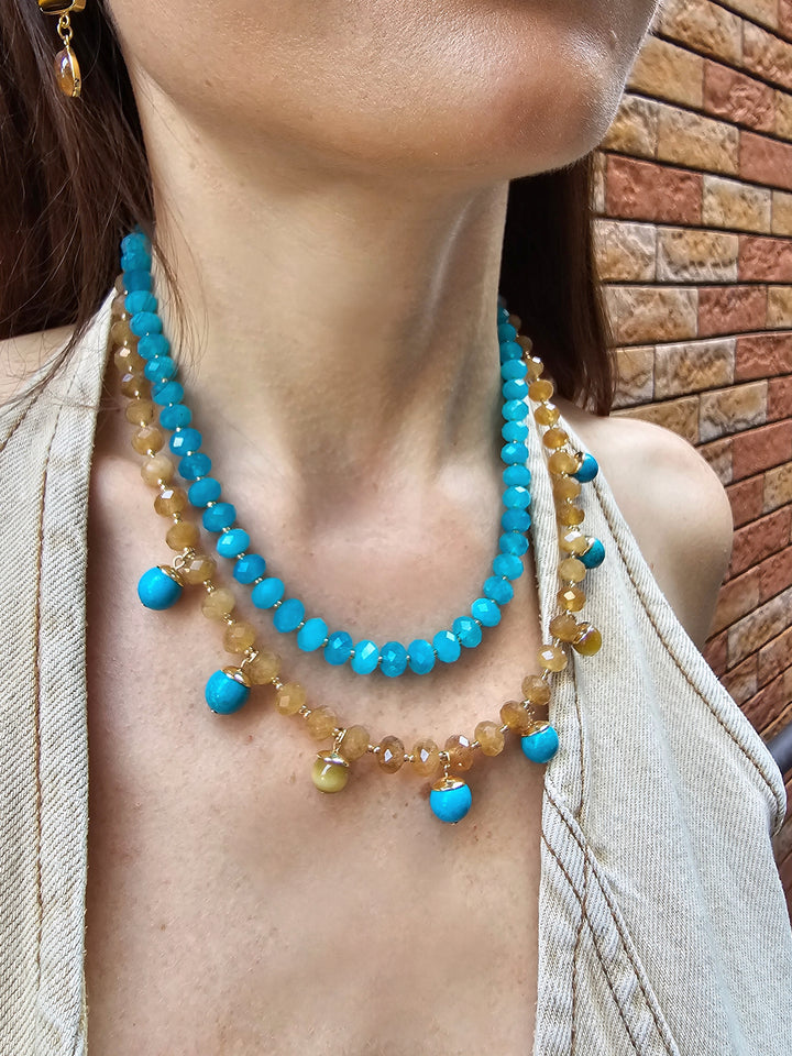 Green And Yellow Jade Double Layers Statement Necklace PN023