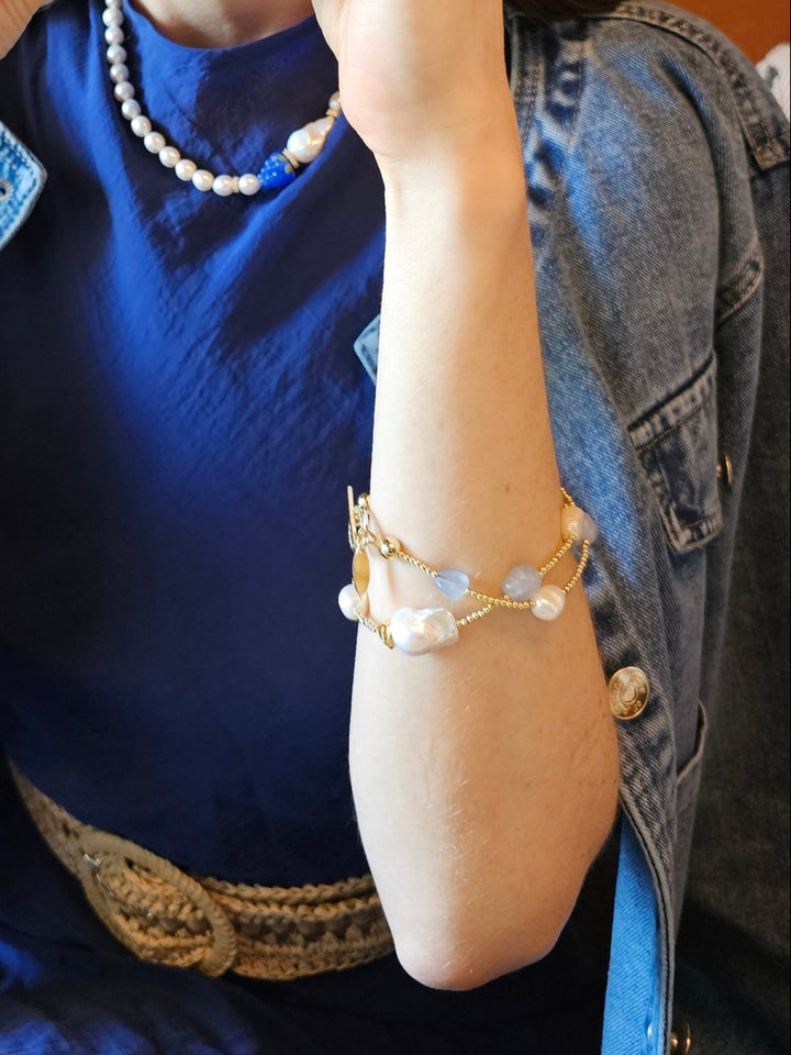 Irregular Aquamarine With Baroque Pearls Double Layers Bracelet PB010
