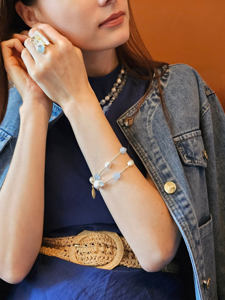 Irregular Aquamarine With Baroque Pearls Double Layers Bracelet PB010