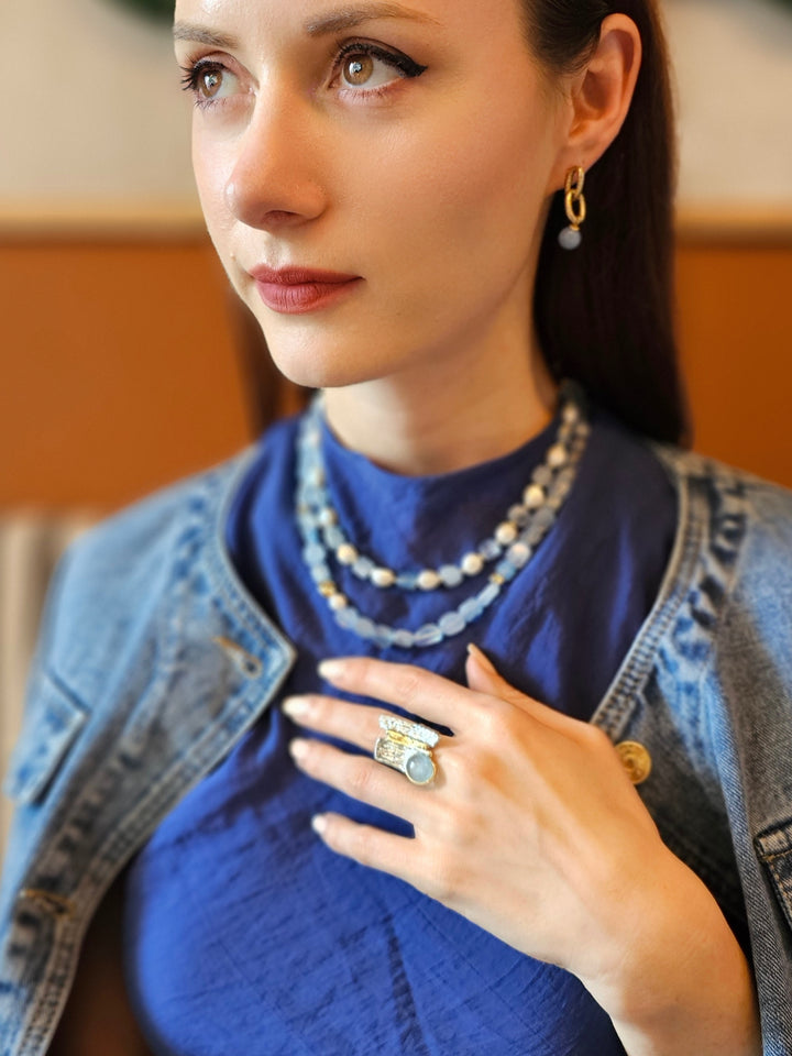 Irregular Freshwater Pearls With Aquamarine Short Necklace(PN024)