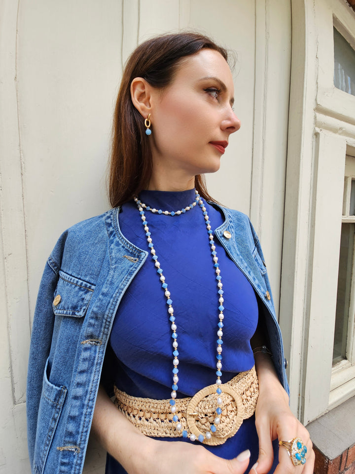 Freshwater Pearls With Blue Jade Long Necklace PN028