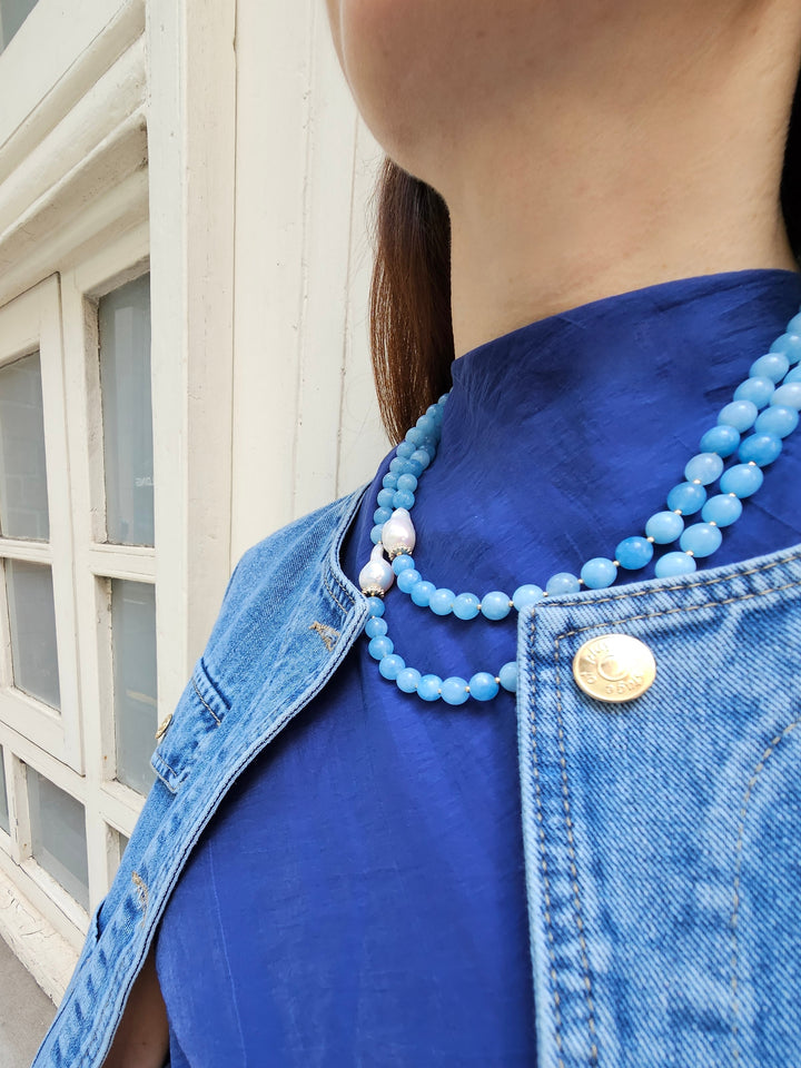 Double Layers Round Aquamarine With Baroque Pearls Necklace PN026