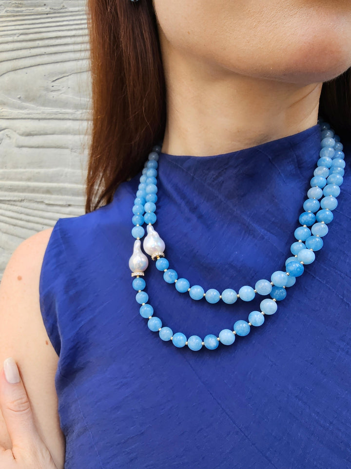 Double Layers Round Aquamarine With Baroque Pearls Necklace PN026