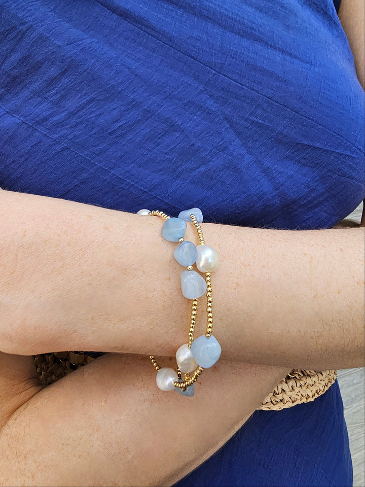 Irregular Aquamarine With Baroque Pearls Double Layers Bracelet PB010