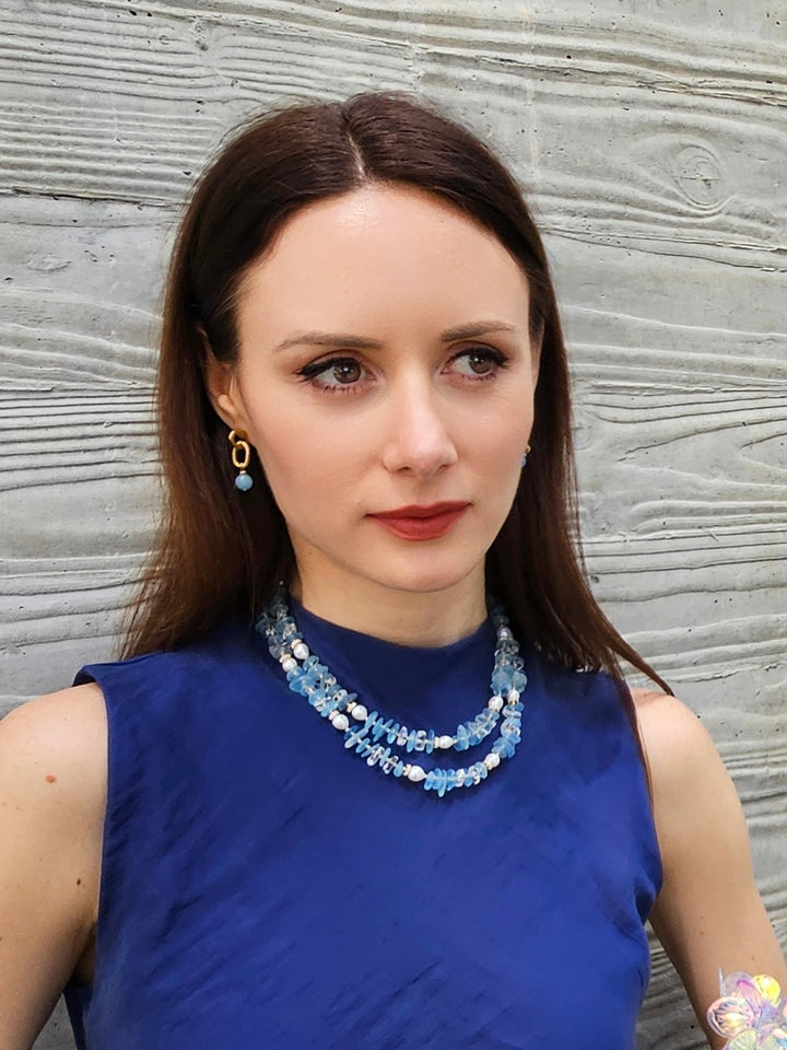 Aquamarine With Freshwater Pearls Double Layers Necklace PN025