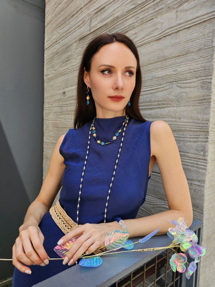 Heart-Shaped Lapis and Apatite Flower Dangle Earrings PE025