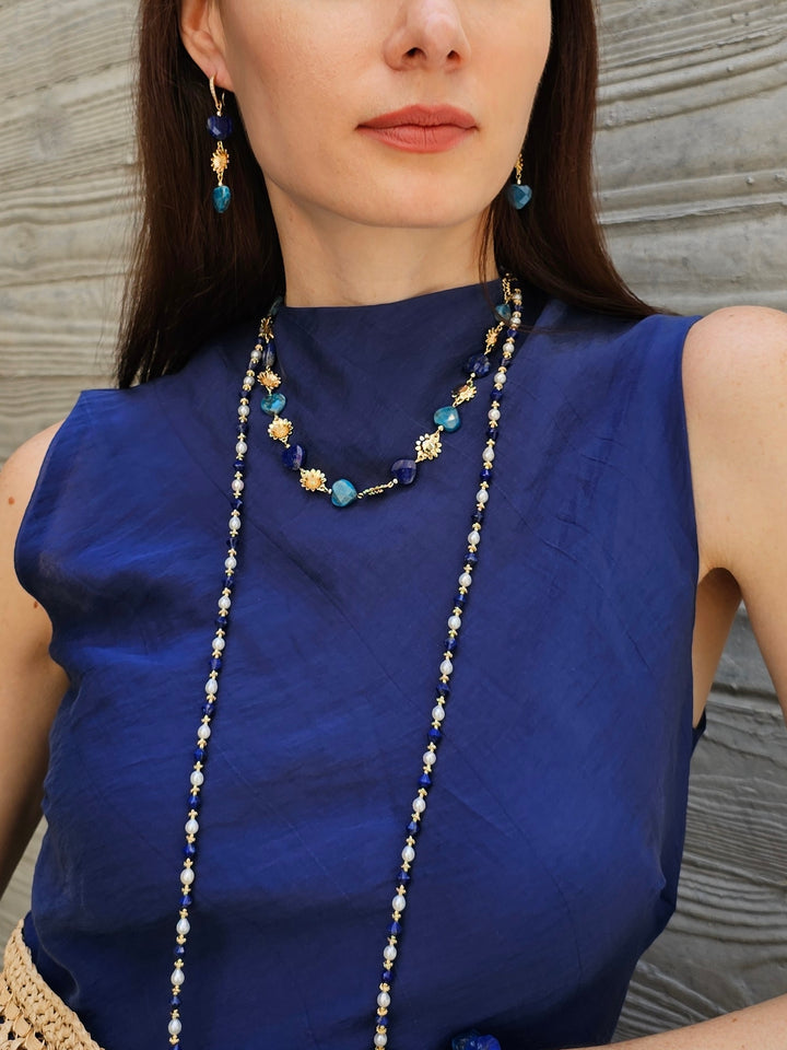 White Pearls And Blue Lapis Versatile Long Necklace PN032