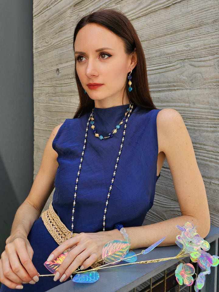 White Pearls And Blue Lapis Versatile Long Necklace PN032