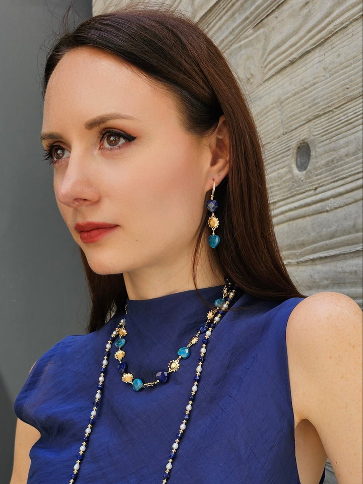 Heart-Shaped Lapis and Apatite Flower Dangle Earrings PE025