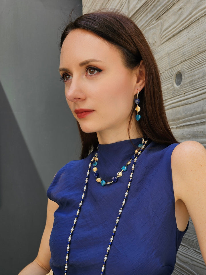 Heart Blue Gemstone With Flower Charms Statement Necklace PN034
