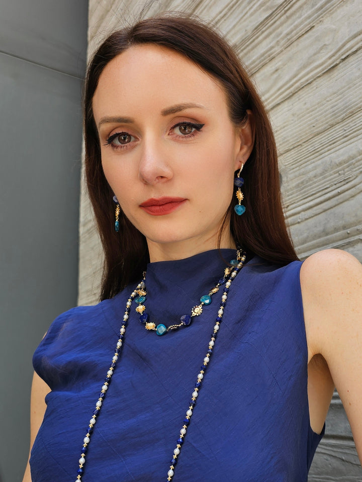 Heart-Shaped Lapis and Apatite Flower Dangle Earrings PE025